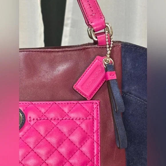Coach Park Quilted Color Block Carrie tote handbag Pink Navy Burgundy leather - Picture 4 of 16